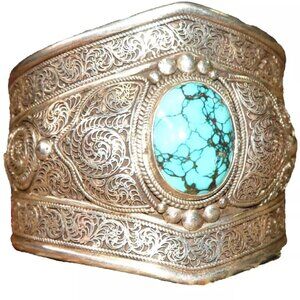 925 Handmade Cuff Bracelet With Turquoise Blue Cabachon Statement Piece Sz M